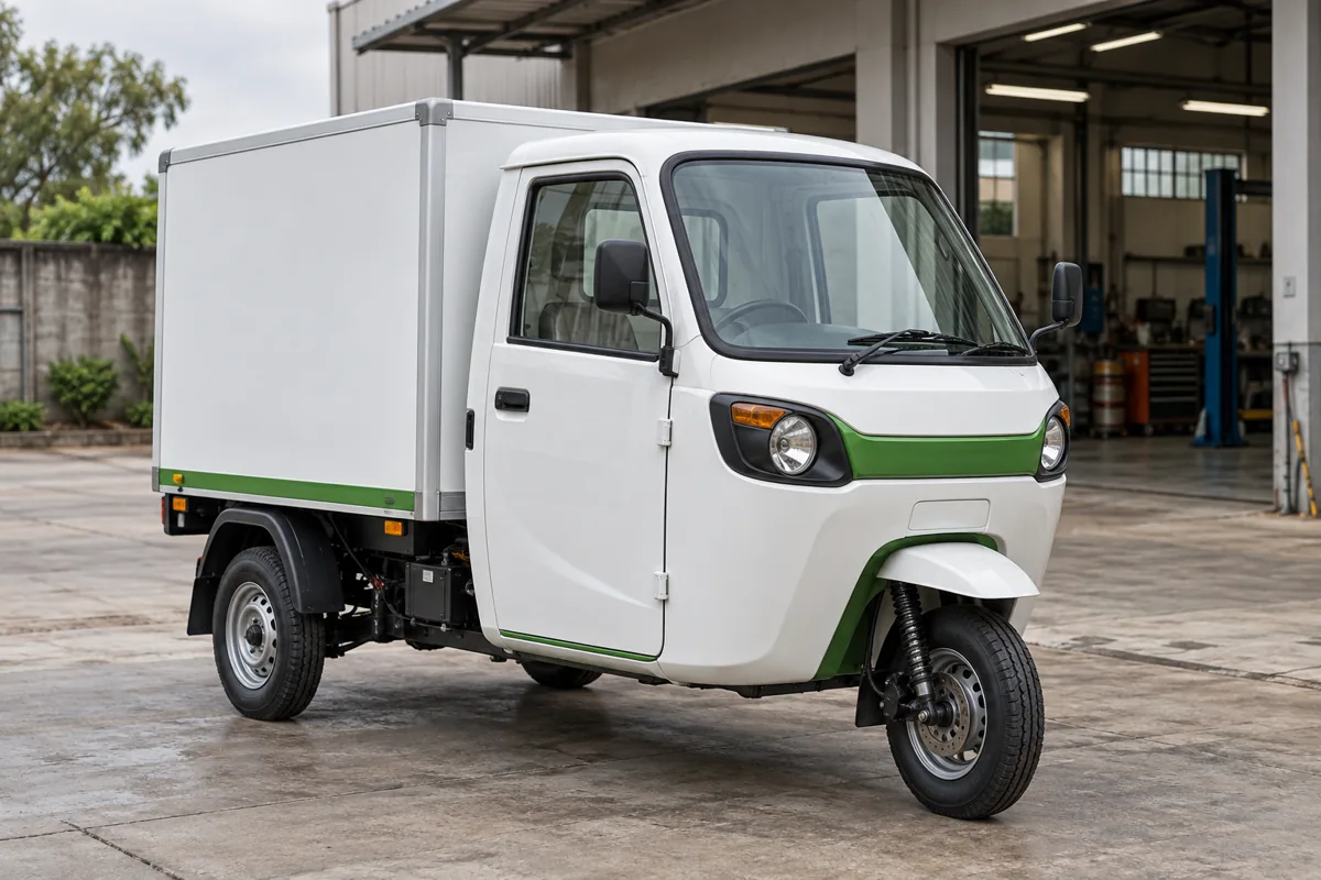 Representative electric cargo three-wheeler outside a service bay
